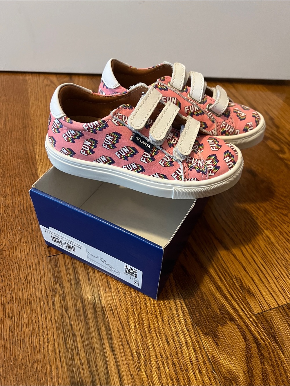 Kids Pink 'FUN' Pattern Velcro Sneakers by